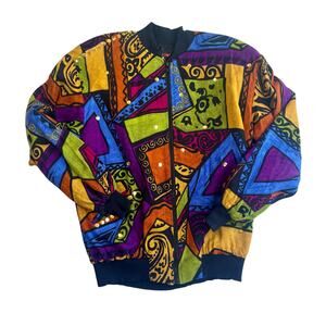 Vintage 80s Mardel Art To Wear Bomber Jacket Abstract Colorful Metallic Gold M